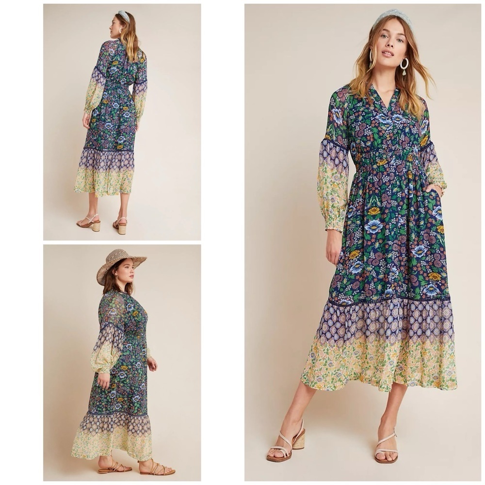 EUC Anthropologie Maeve Ondine Floral Boho Flower V Neck Smocked Midi Dress XS‌‌